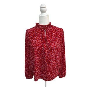 J. Crew Ruffle Crinkle Chiffon Top in Fête Floral Blouse Red Pink Size Medium